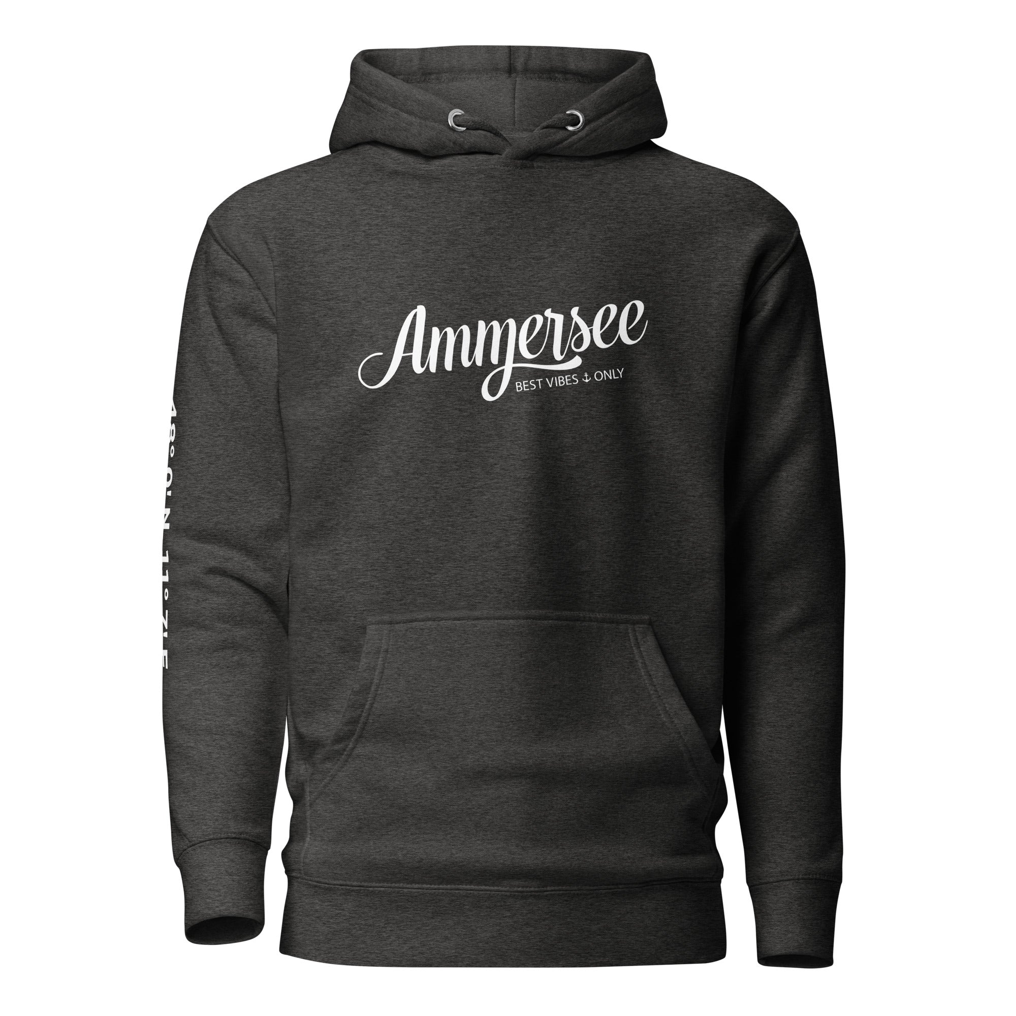 Ammersee Hoodie Dunkelgrau Unisex Best Vibes Only – Vorderansicht inspiriert von Andechs, Ammersoul Streetwear