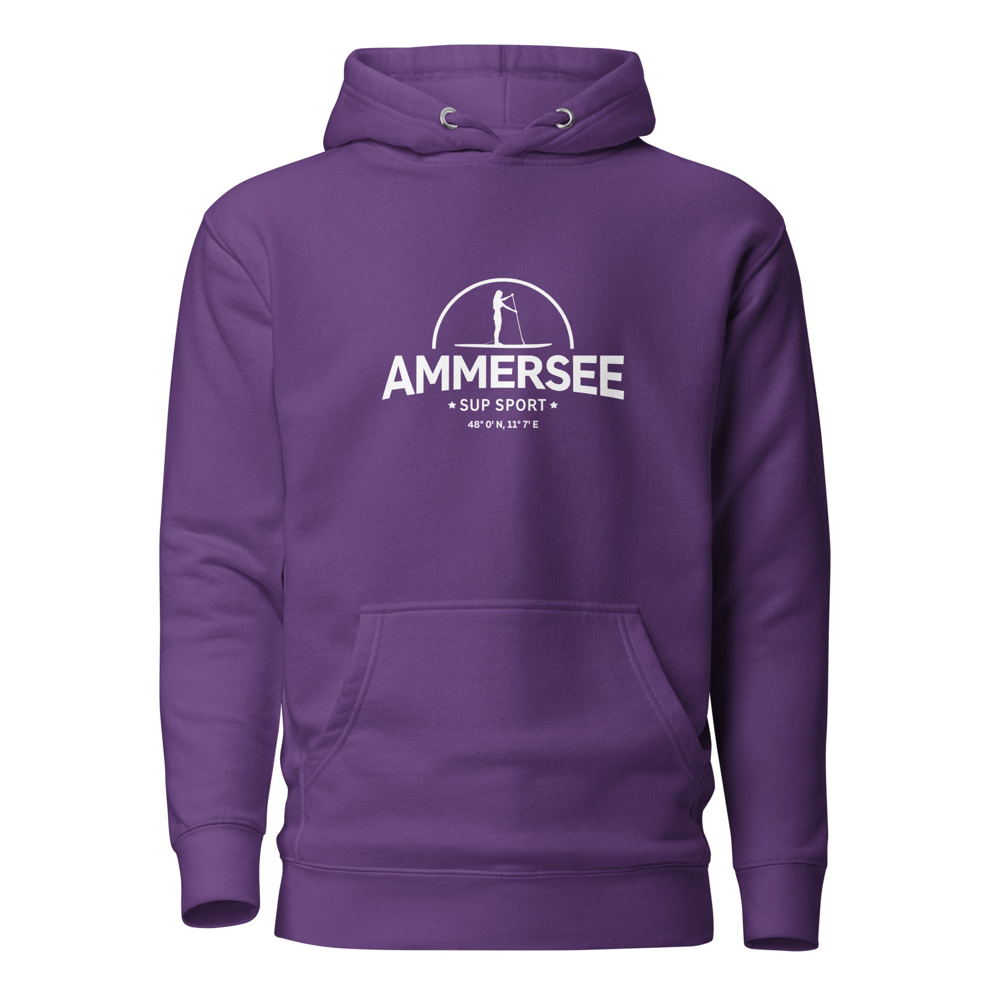 SUP Ammersee Damen Hoodie, Stand-Up-Paddle Hoodie, Frontansicht, inspiriert vom SUP Boarden auf dem Ammersee für Frauen