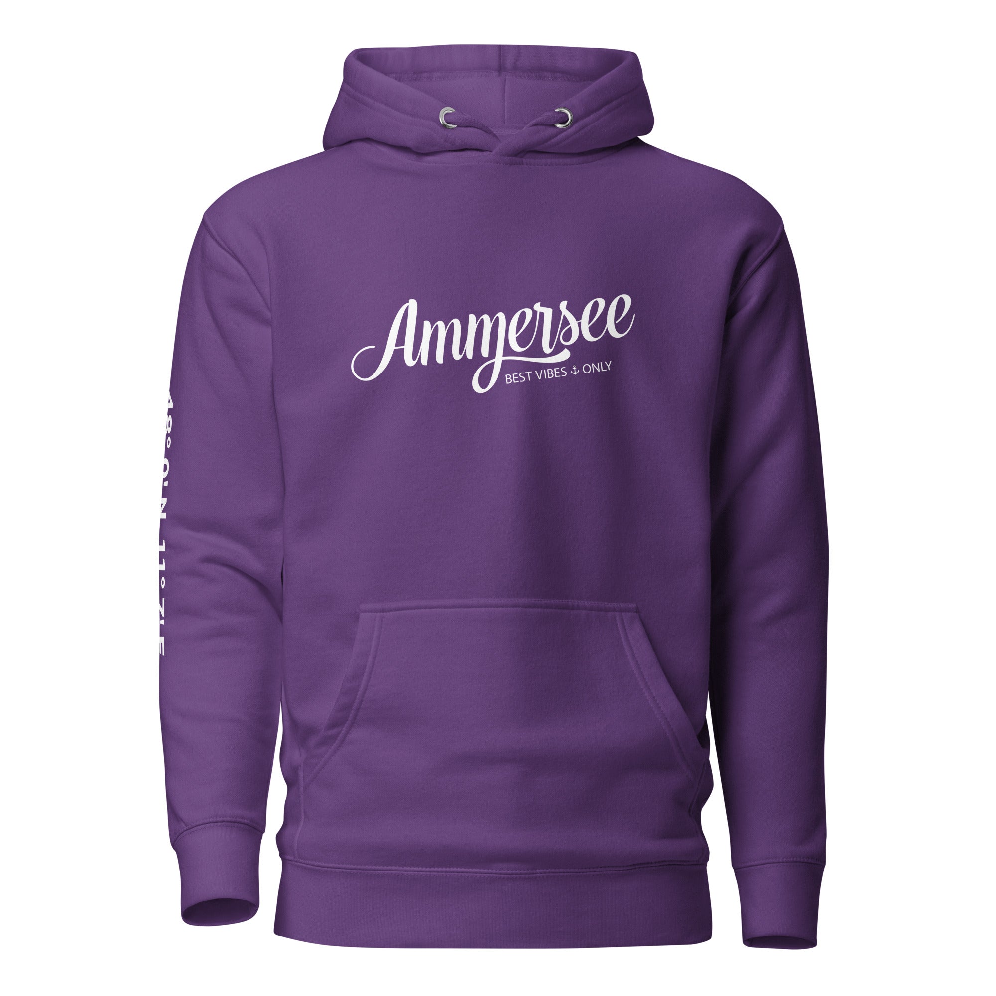 Ammersee Hoodie Lila Unisex Best Vibes Only – Vorderansicht inspiriert von Utting am See, Ammersoul Streetwear