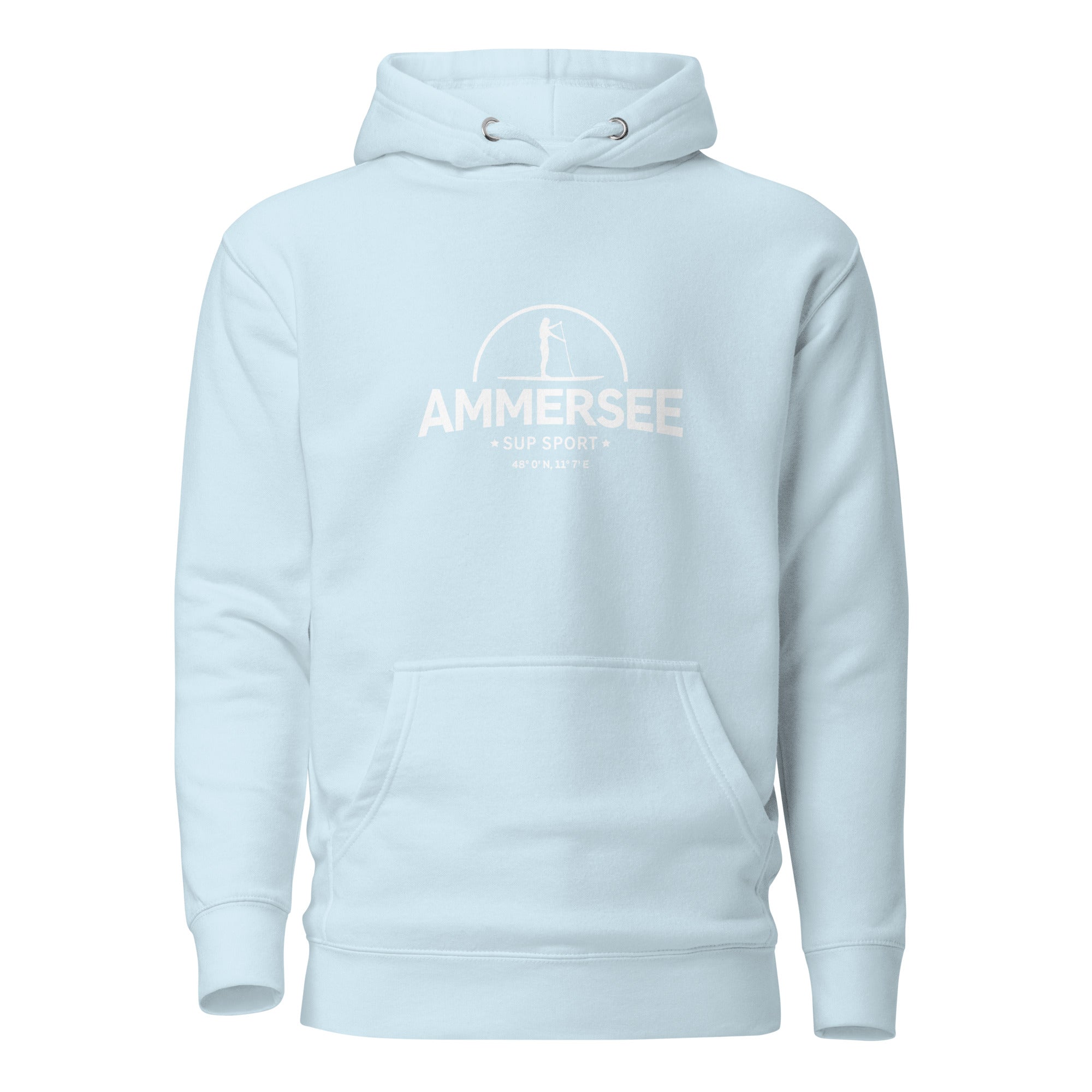 SUP Ammersee Damen Hoodie, Stand-Up-Paddle Hoodie, Frontansicht, inspiriert vom SUP Boarden auf dem Ammersee für Frauen