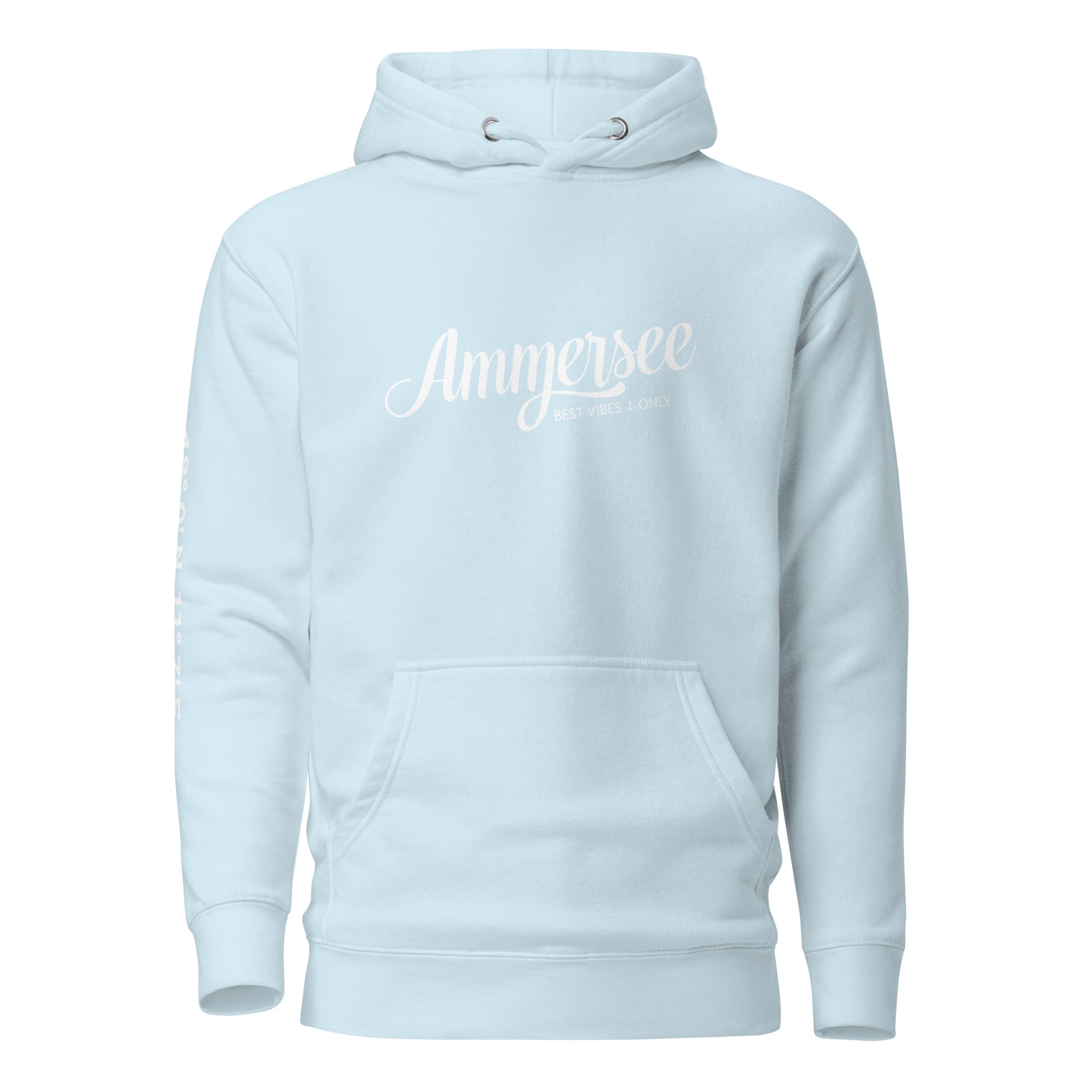 Ammersee Hoodie Hellblau Unisex Best Vibes Only – Vorderansicht inspiriert von Herrsching, Ammersoul Streetwear