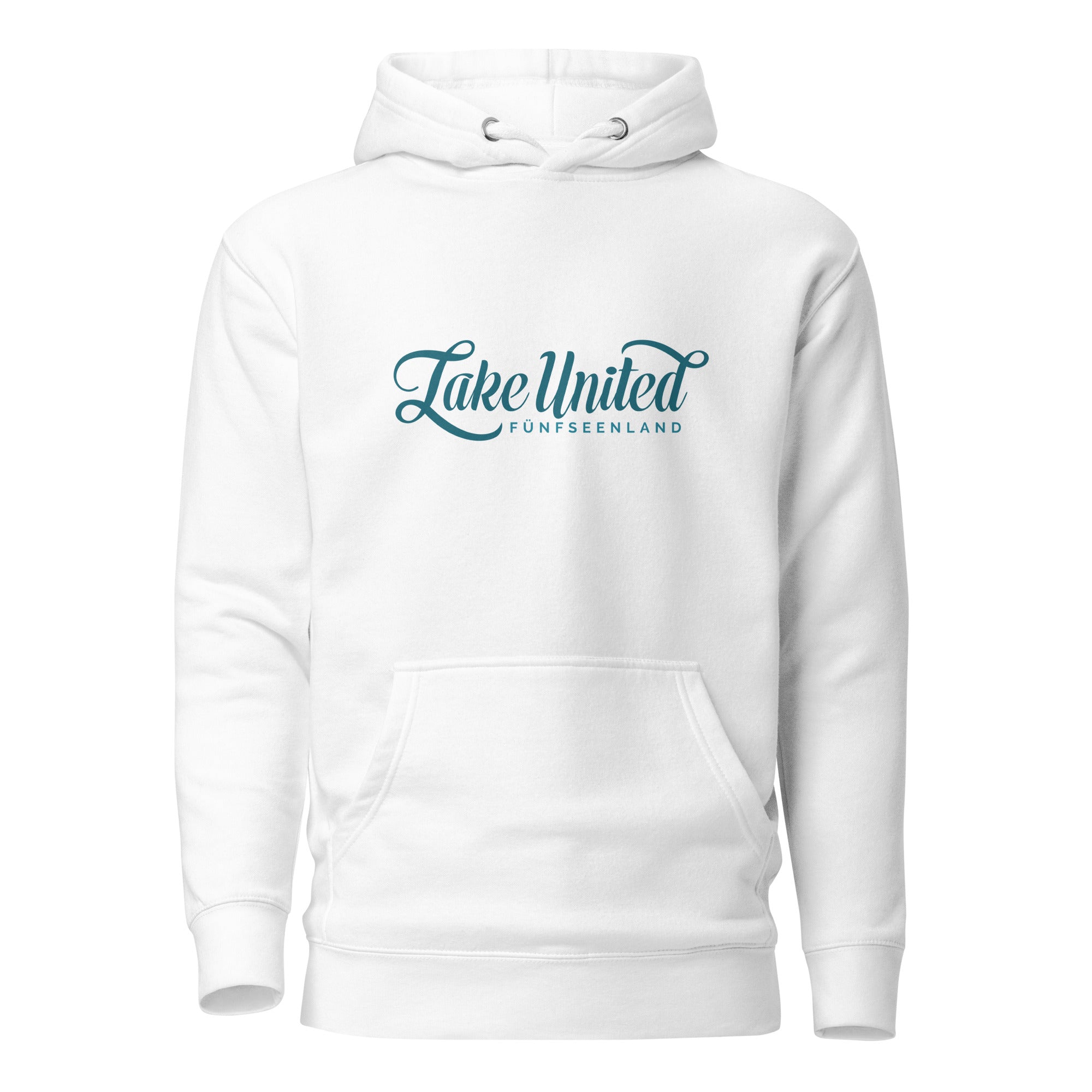 Lake United Hoodie Unisex Weiß – nachhaltige See Hoodie & Streetwear inspiriert von Herrsching & Dießen am Ammersee in Bayern