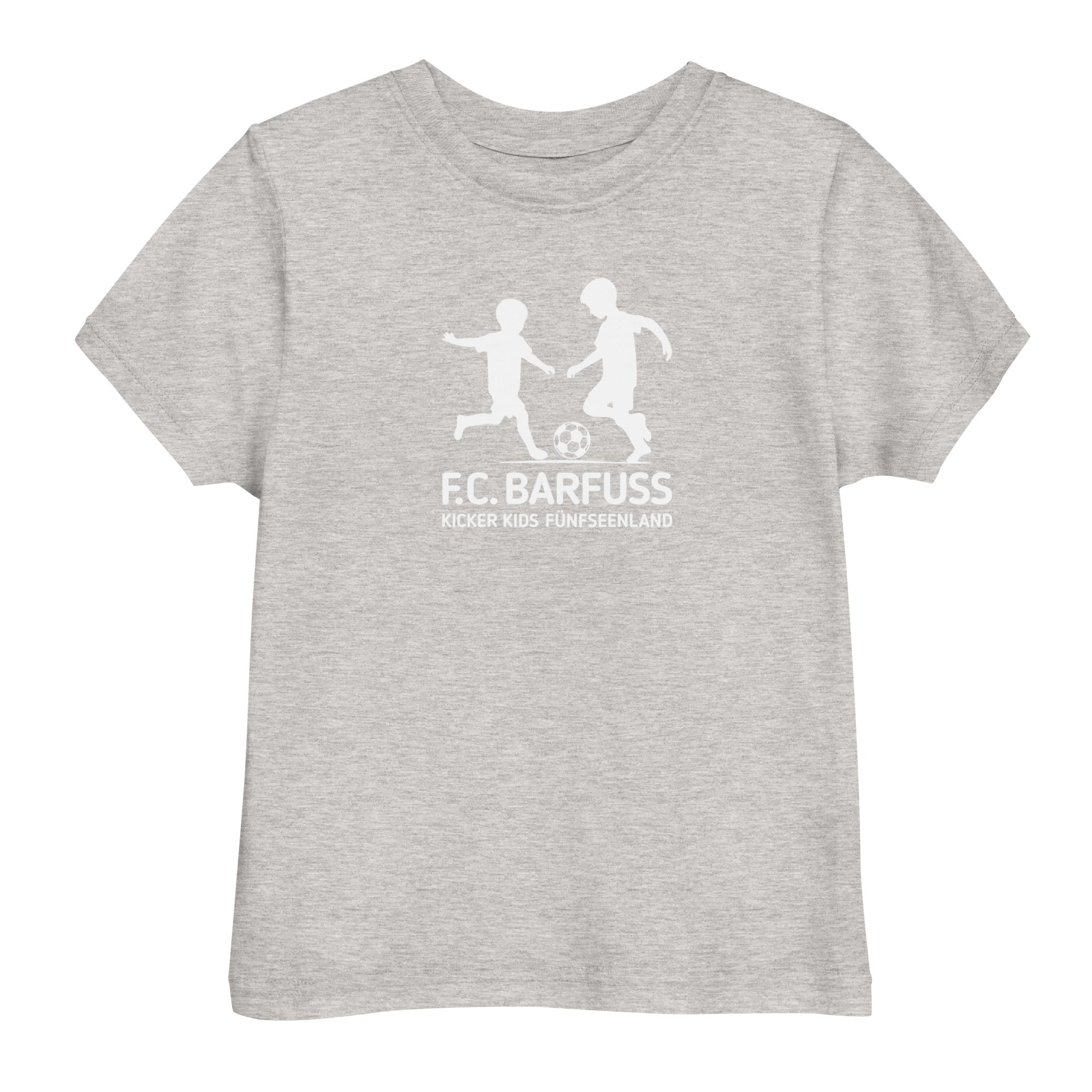 Fußball Kinder T-Shirt – FC Barfuss, grau, inspiriert vom Kinder Fußball, F-Jugend, G-Jugend, Schondorf am Ammersee, Utting