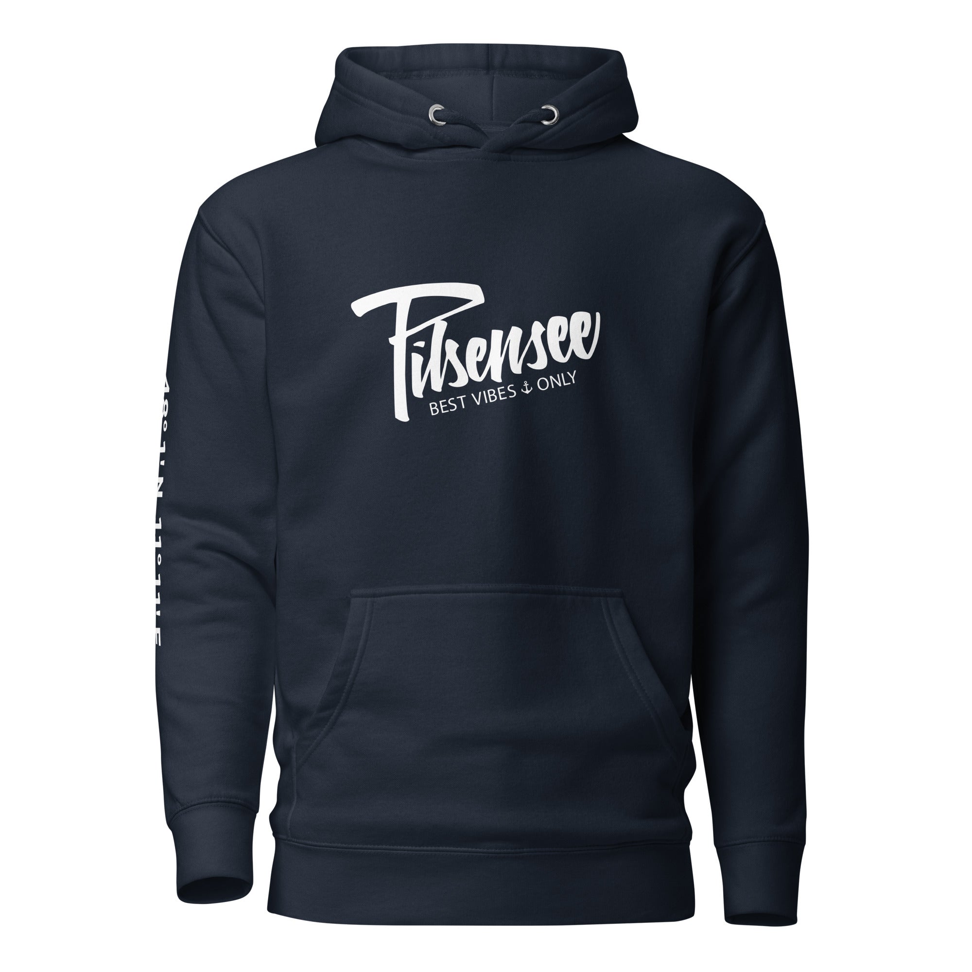 Pilsensee Hoodie Unisex – Best Vibes Only, dieser kuschelige Kapuzenpullover ist inspiriert vom Lebensgefühl am Pilsensee.
