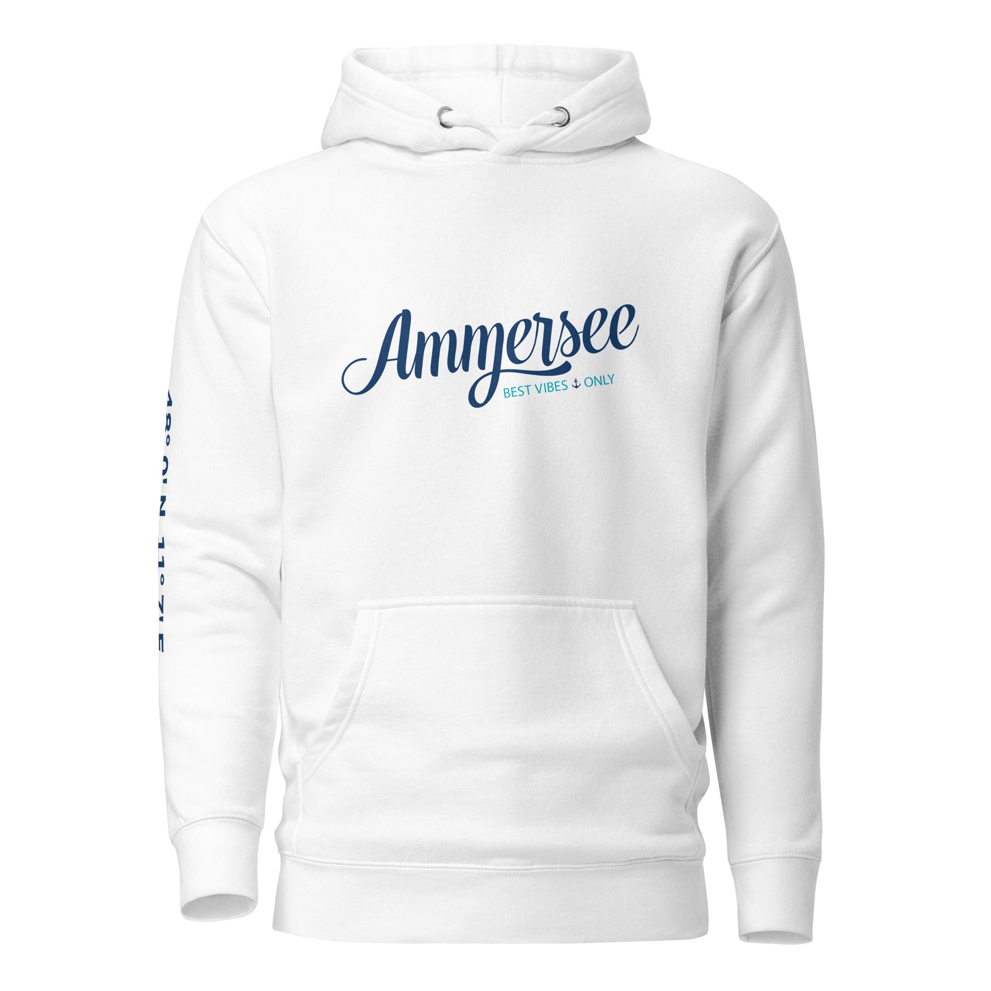 Ammersee Hoodie Unisex Weiß, Vorderseite, Mode label am Ammersee inspiriert vom Lebensgefühl am Ammersee im Fünfseenland