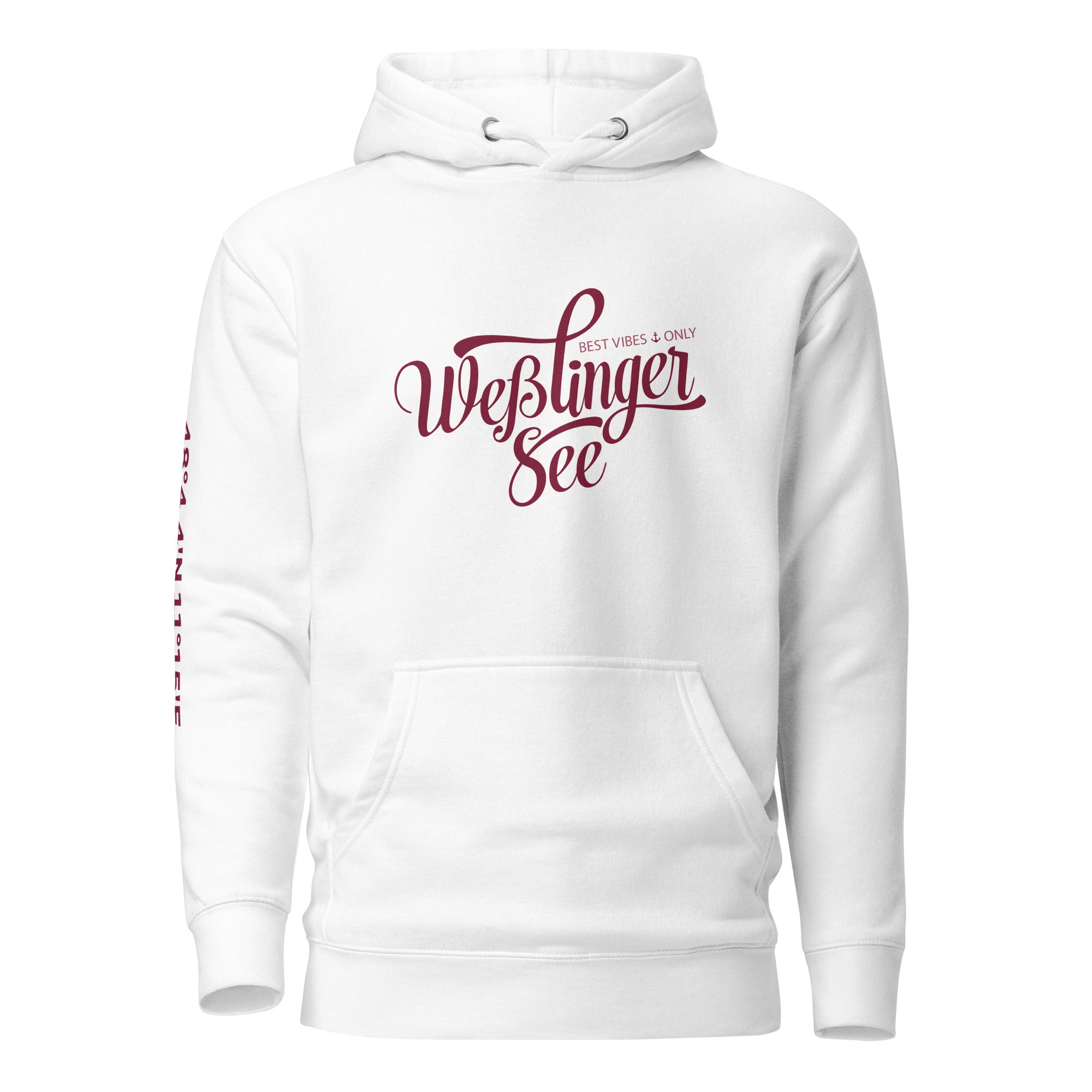 Wesslinger See Hoodie Unisex, Vorderseite, Weiß, inspiriert vom Wesslinger See und Wessling im Fünfseenland.