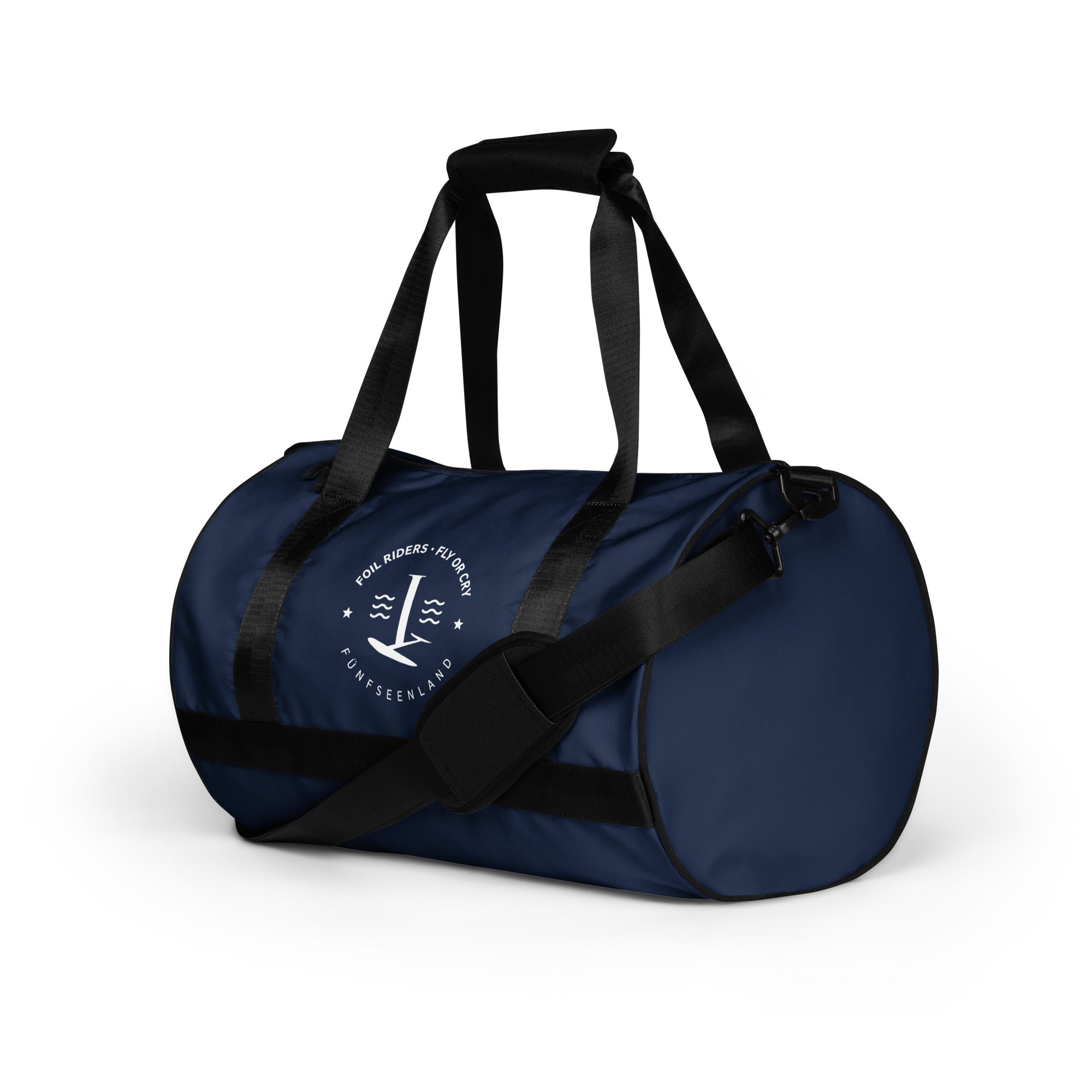 Foilen Sporttasche Blau – wasserdichte Gym Duffle Bag inspiriert vom Foil Surfing & Wingfoilen am Ammersee & Starnberger See