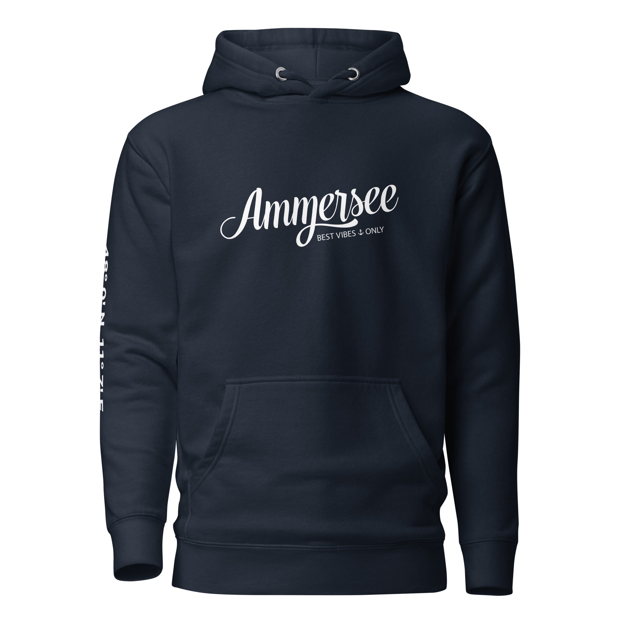 Ammersee Hoodie Dunkelblau Unisex Best Vibes Only – Vorderansicht inspiriert von Fünfseenland, Ammersoul Design