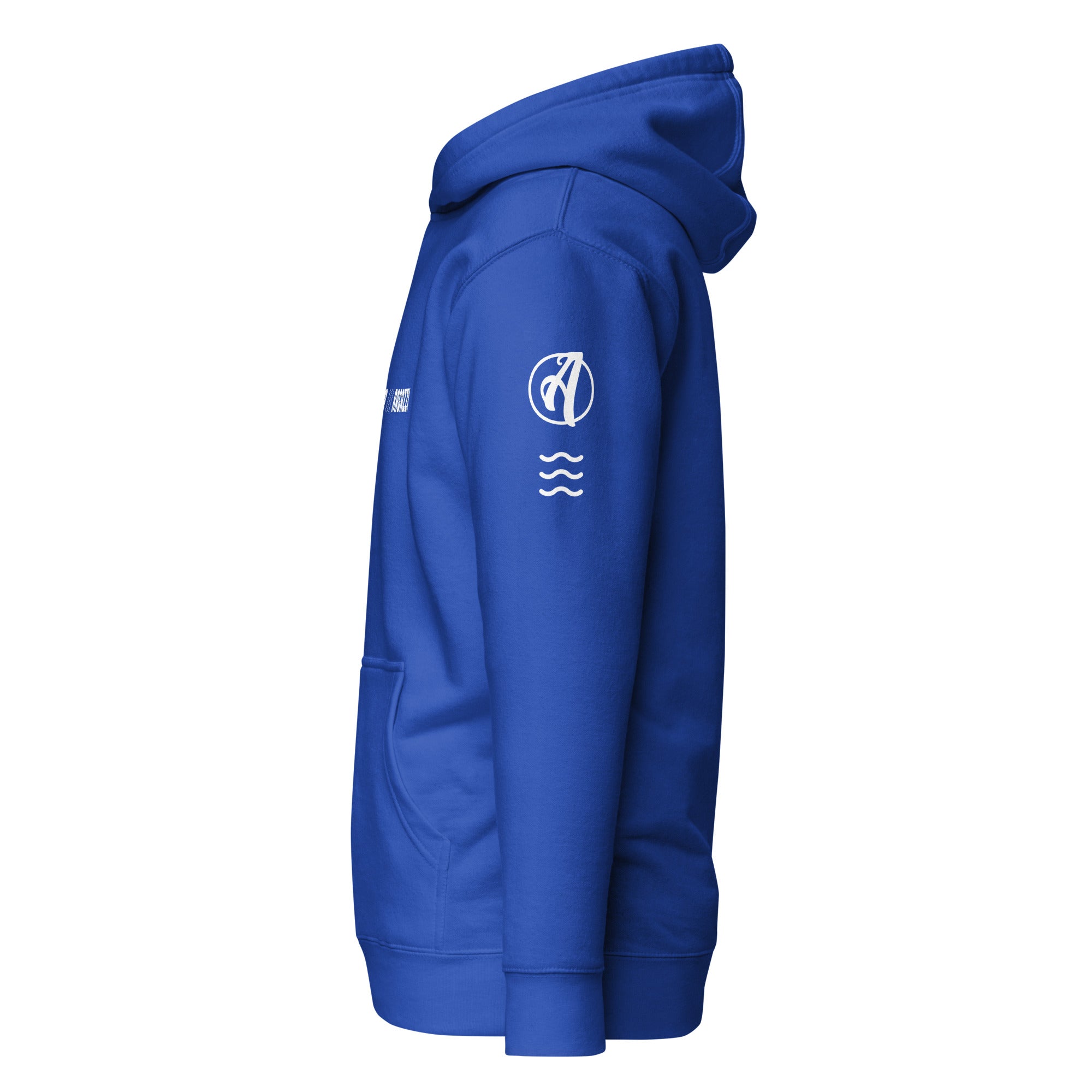 Regattasegeln Hoodie Unisex, royalblau Seitenansicht – nachhaltige Mode für Segeln und See-Lifestyle