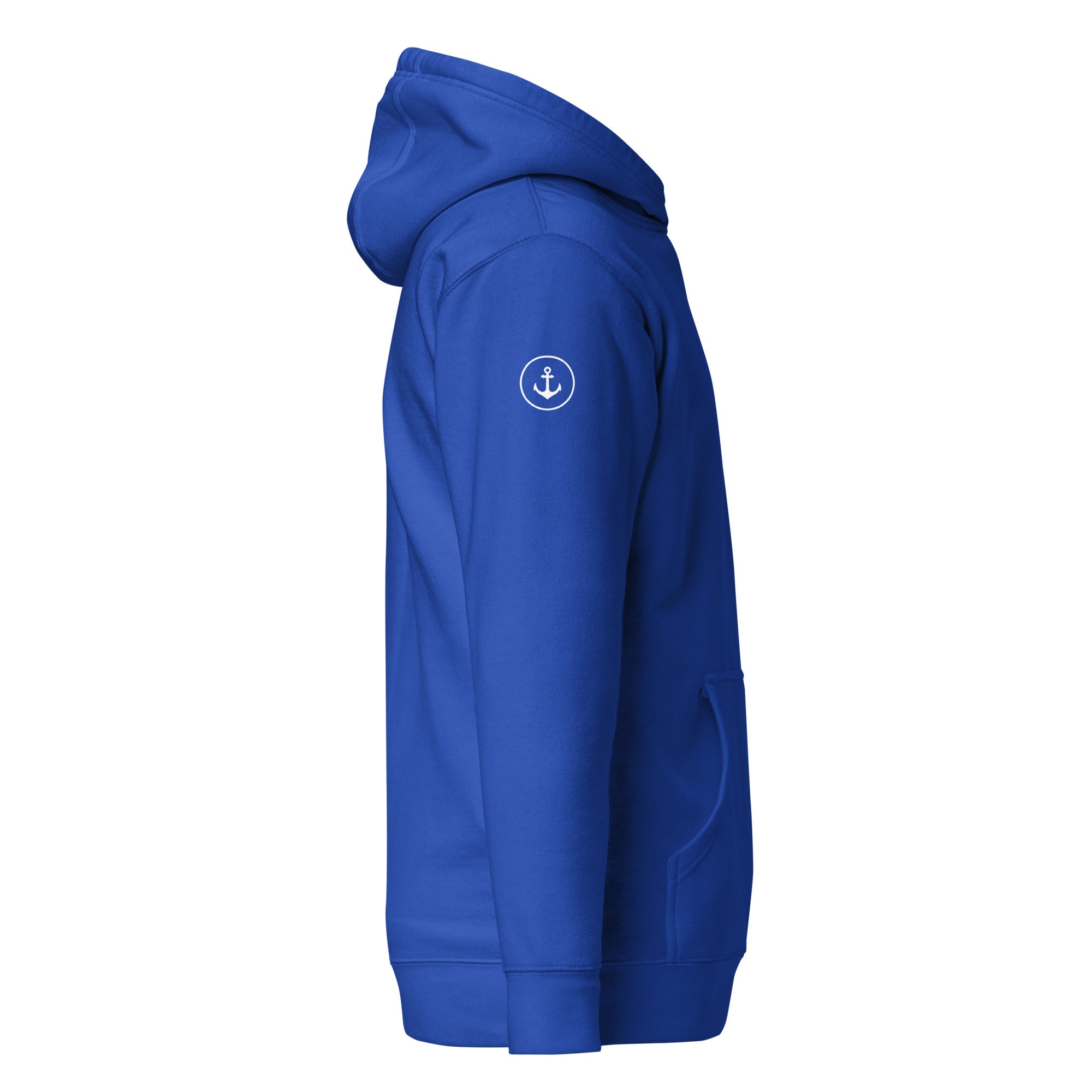 Seitenansicht royalblauer Hoodie, Ammersoul Segeln Edition inspiriert von Starnberger See & Segeln im Fünfseenland