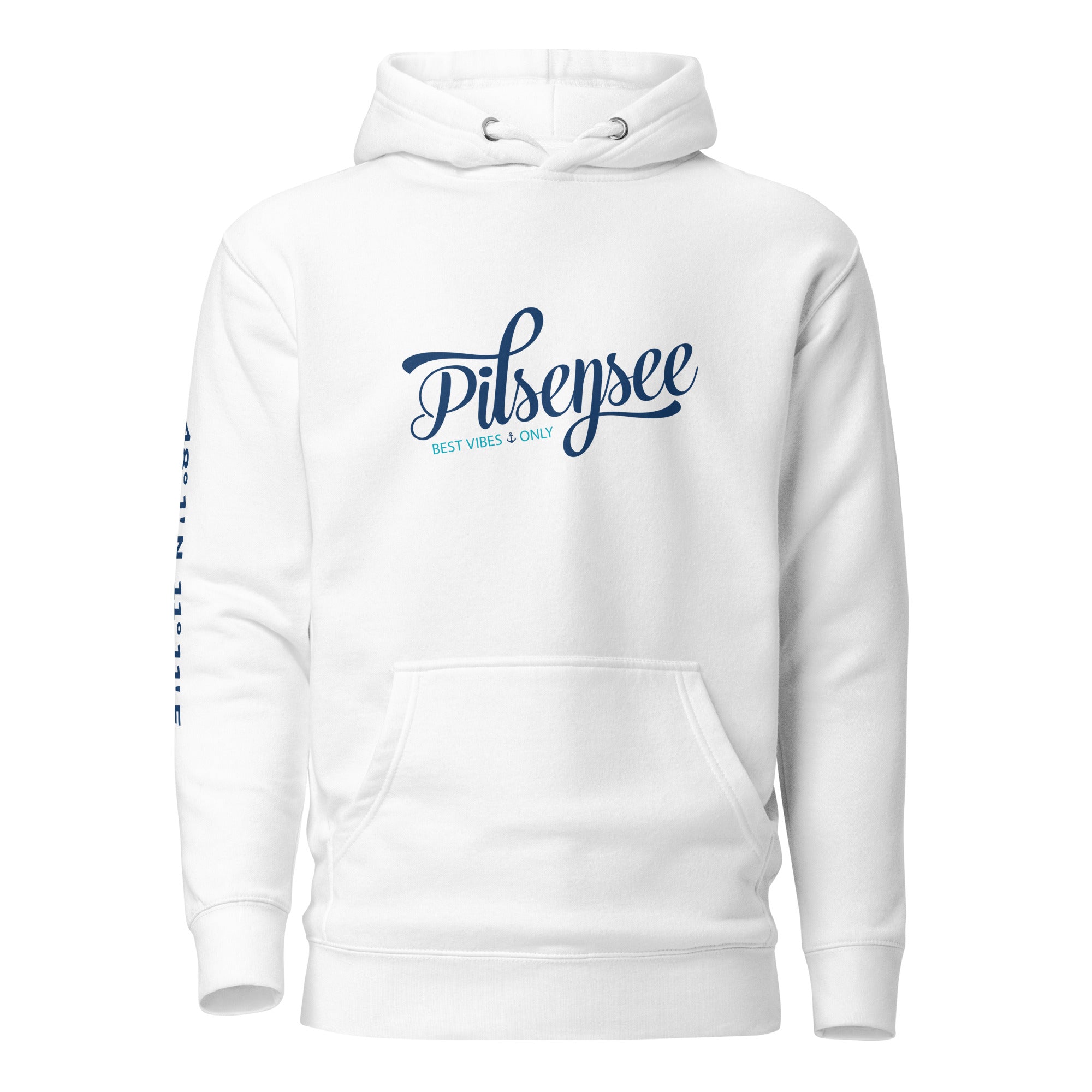 Pilsensee Hoodie Unisex – Fünfseenland, weiß, Vorderseite, Pilsensee Kapuzenpullover inspiriert vom Pilsensee im Fünfseenland
