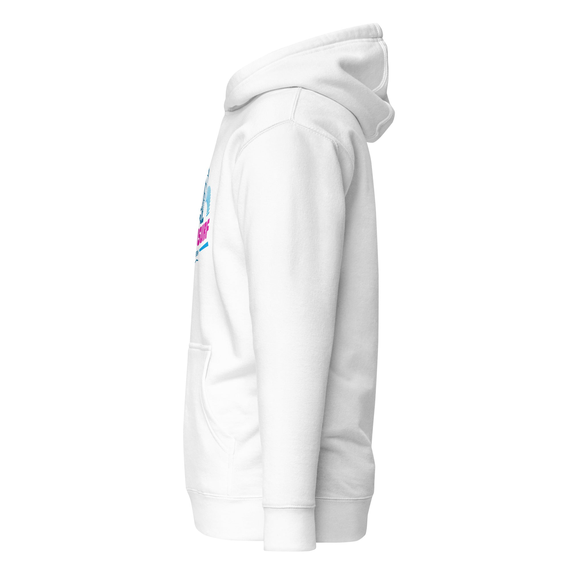 Windsurfen Hoodie Unisex, Weiß, Seitenansicht, inspiriert vom Windsurfen auf dem Ammersee, Windsurfen am Starnberger See,