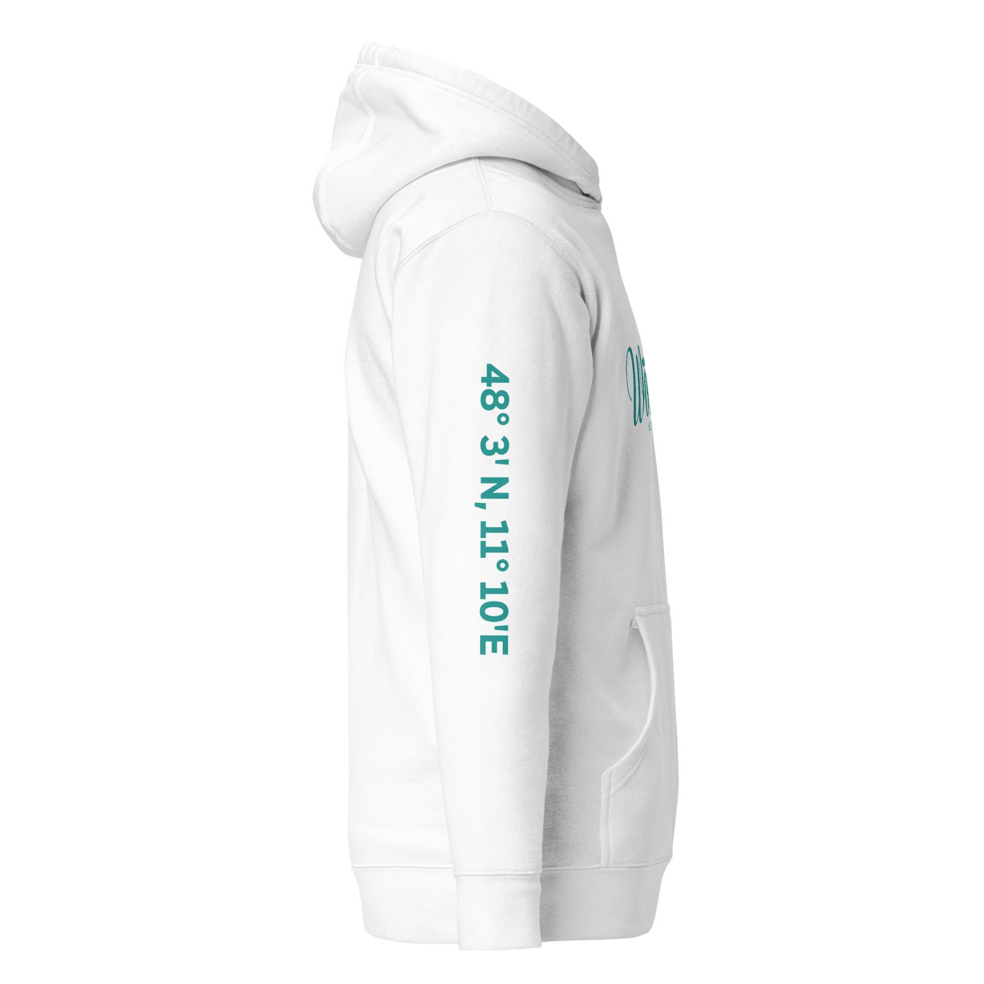 Wörthsee Hoodie Unisex – Best Vibes Only, Weiß, Seitenansicht mit Koordinaten vom Wörthsee, Wörthsee Hoodie & Kapuzenpullover
