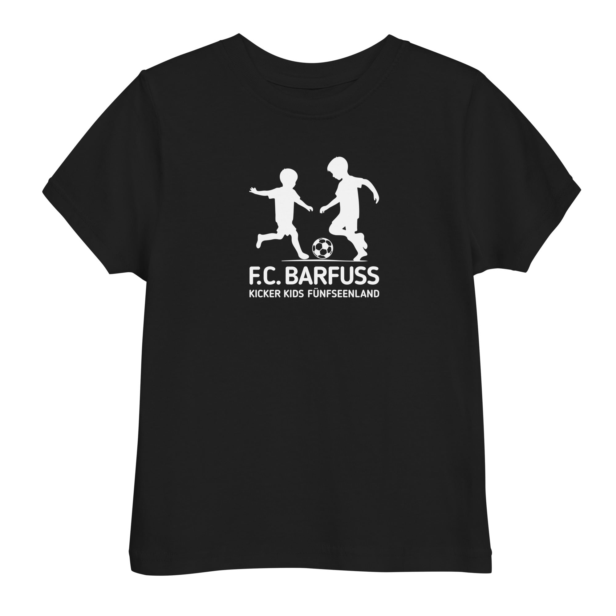 Fußball Kinder T-Shirt – FC Barfuss, schwarz, inspiriert vom Kinder Fußball, G Jugend, F-Jugend, G-Jugend, Ammersee, Wörthsee