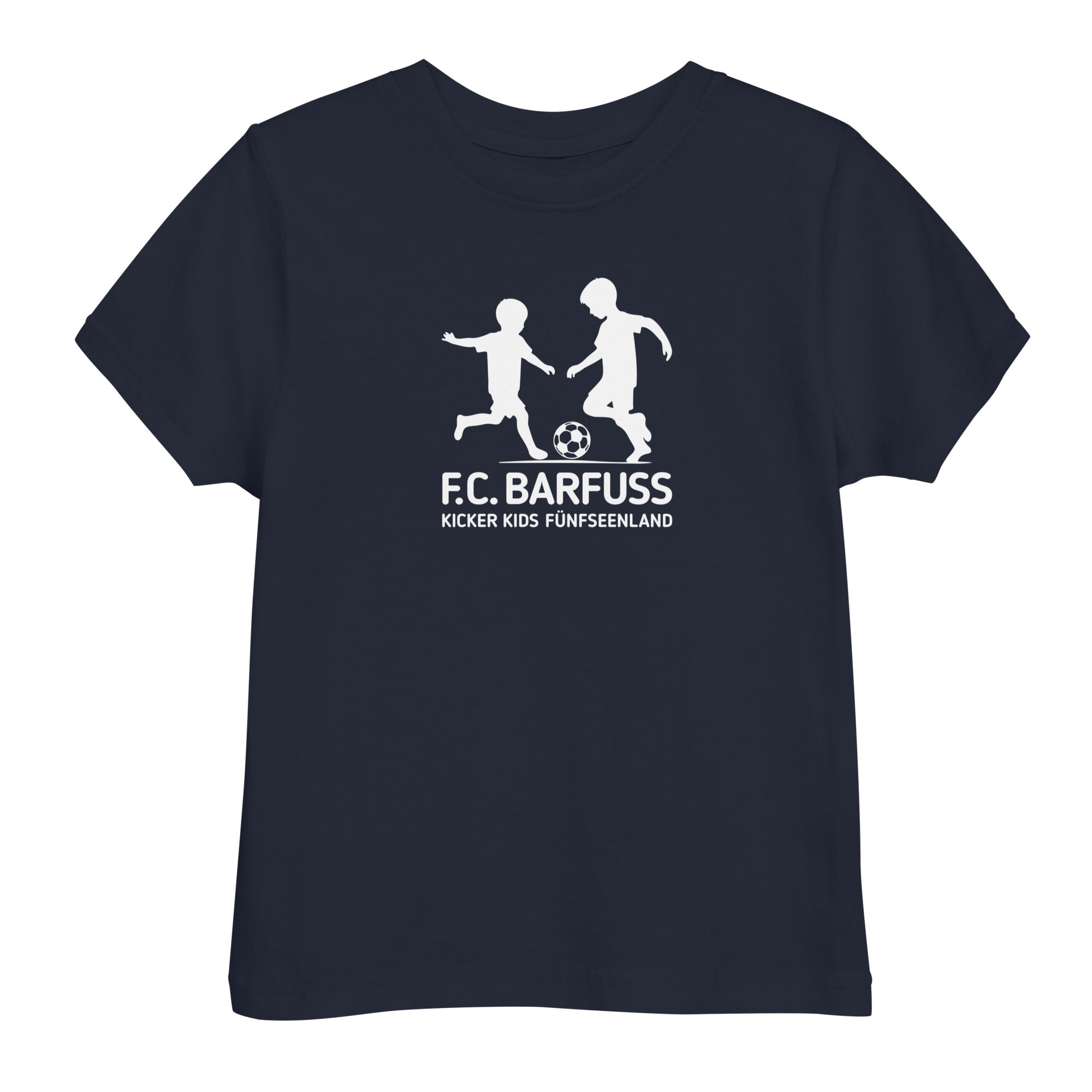 Fußball Kinder T-Shirt – FC Barfuss, dunkelblau, inspiriert vom Kinder Fußball, F-Jugend, G-Jugend, Weßling & Hechendorf