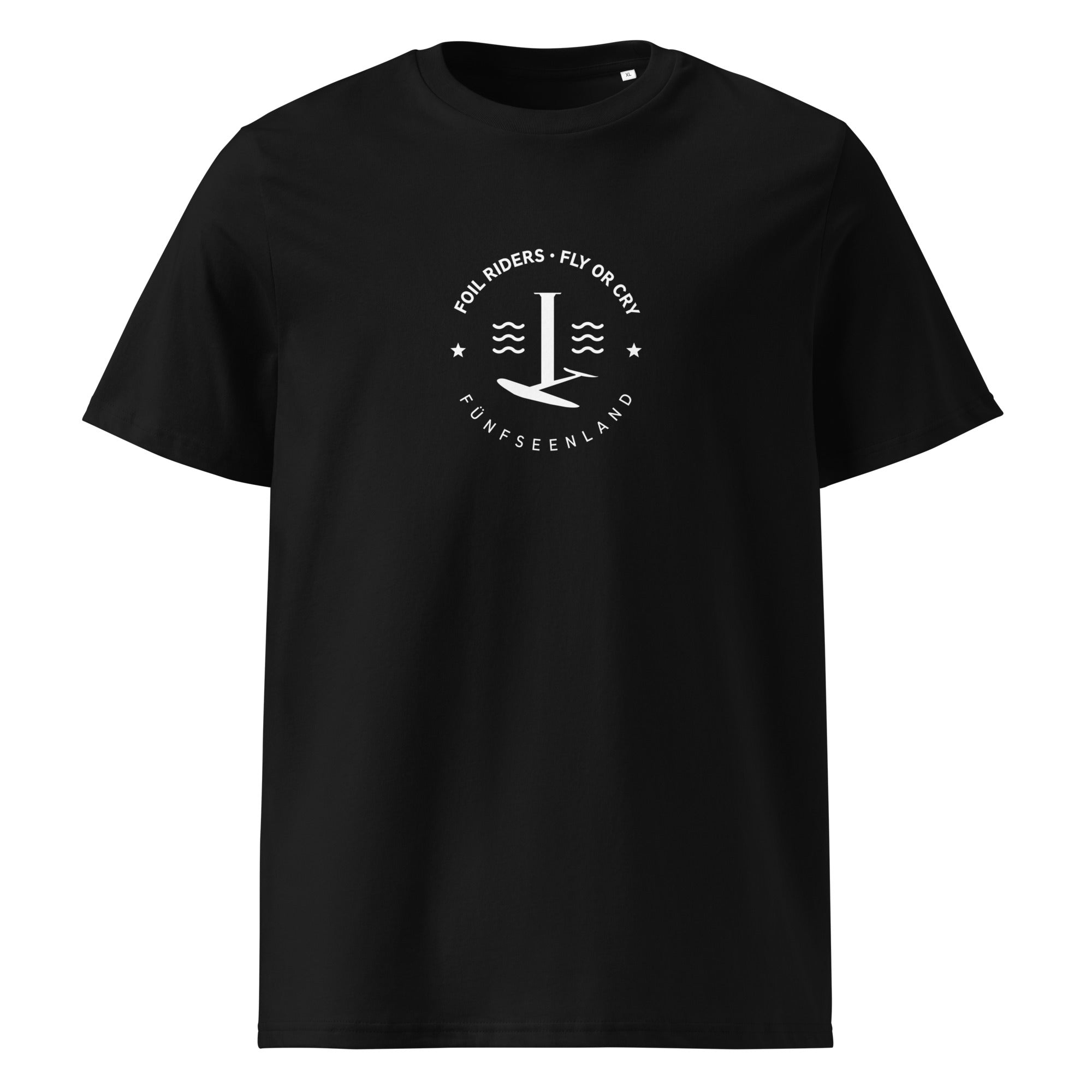 Unisex Foilsurfen T-Shirt, schwarz, Vorderseite, Wingfoil & Foiling inspiriert vom Foilen in Eching am Ammersee & Herrsching
