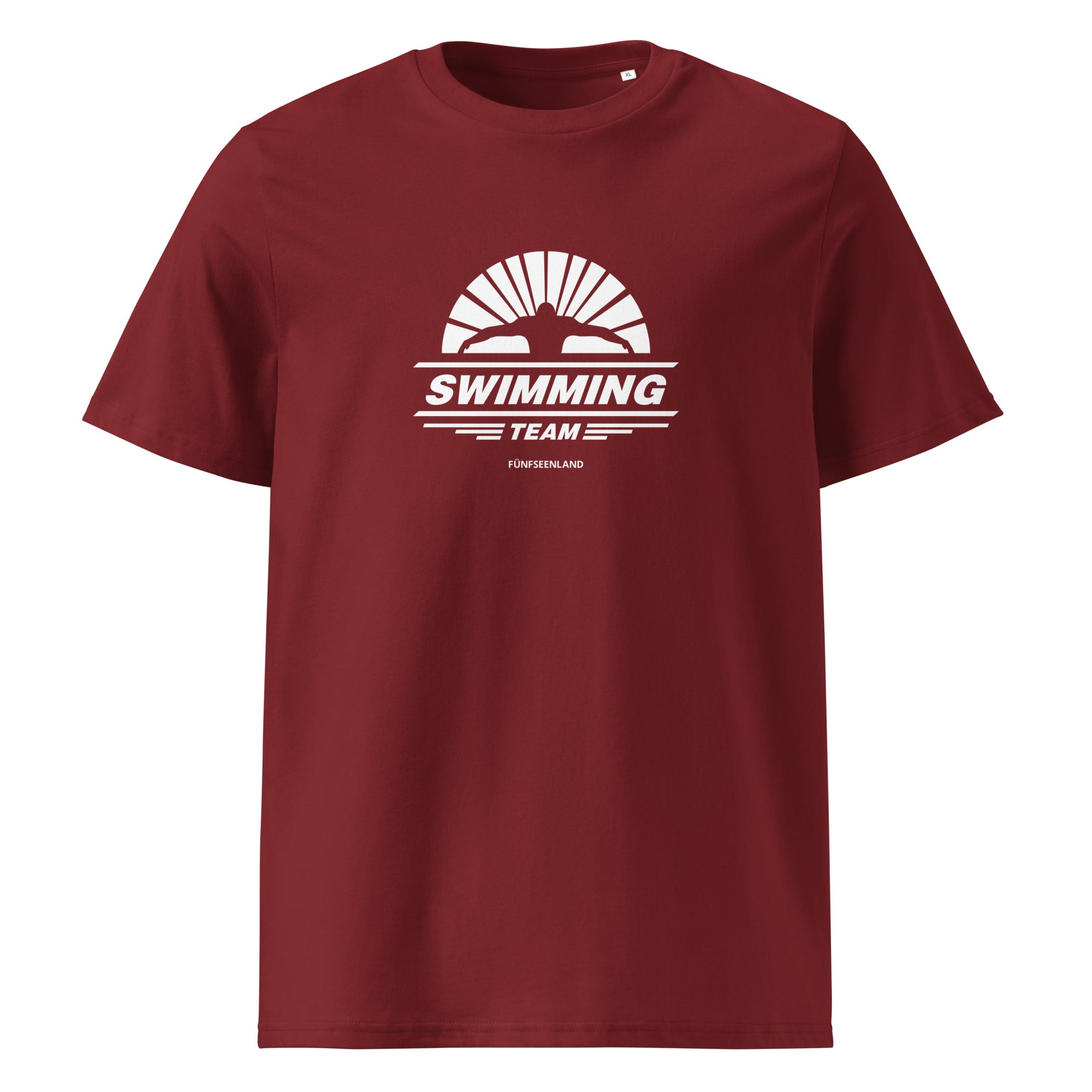 Schwimmer Team T-Shirt Unisex Rot – auffälliges Teamshirt inspiriert vom Schwimmen im Pilsensee, Ammersee bei Utting