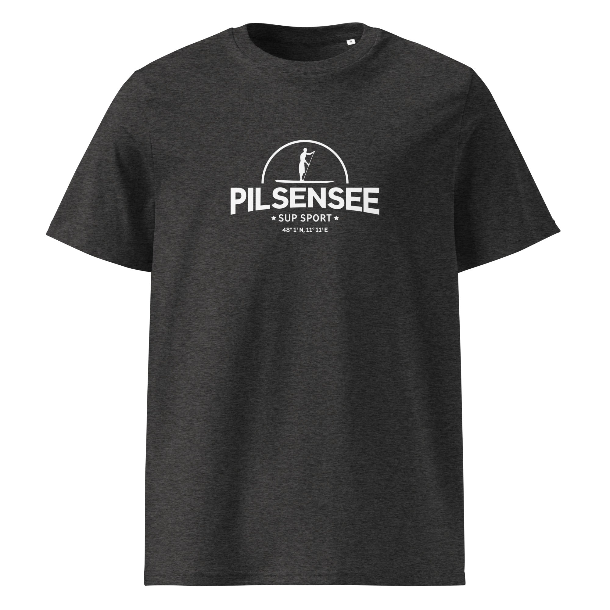 SUP Pilsensee T-Shirt Herren, dunkelgrau, seite, inspiriert vom SUP & Stand-Up-Paddling am Pilsensee nahe München