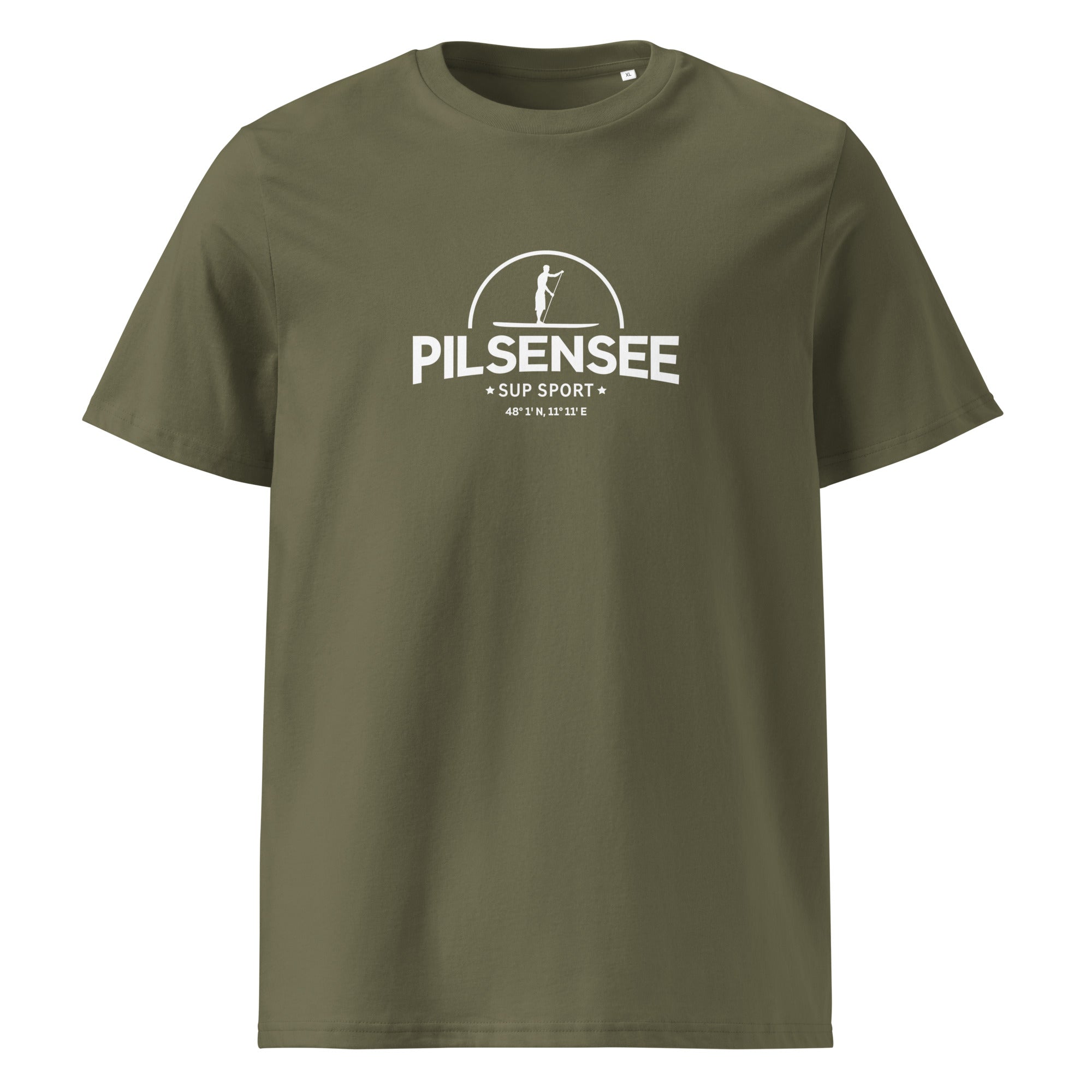 SUP Pilsensee T-Shirt Herren, olive, seite, inspiriert vom SUP & Stand-Up-Paddling am Pilsensee nahe München