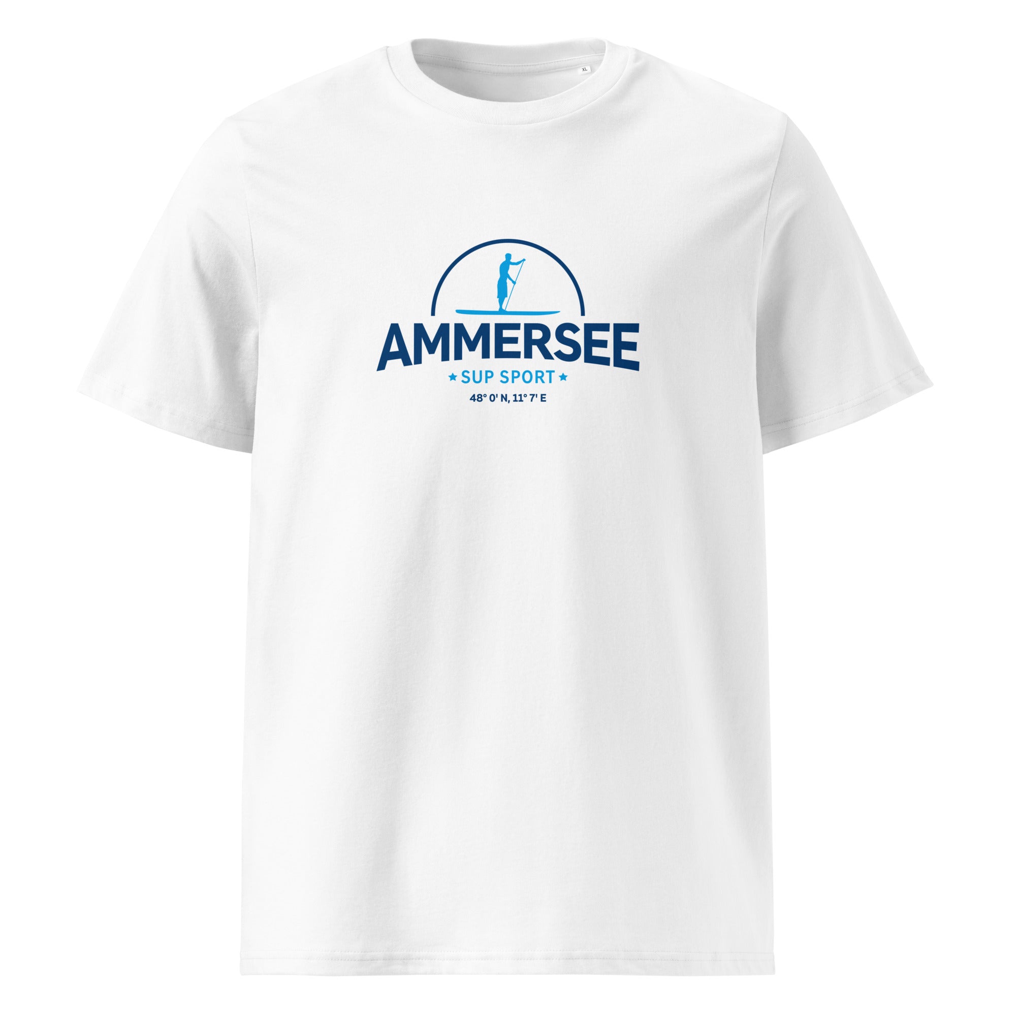 SUP Ammersee Herren T-Shirt, weiß, Vorderseite, inspiriert vom SUP Boarden und Stand-Up-Paddle Boarden am Ammersee.