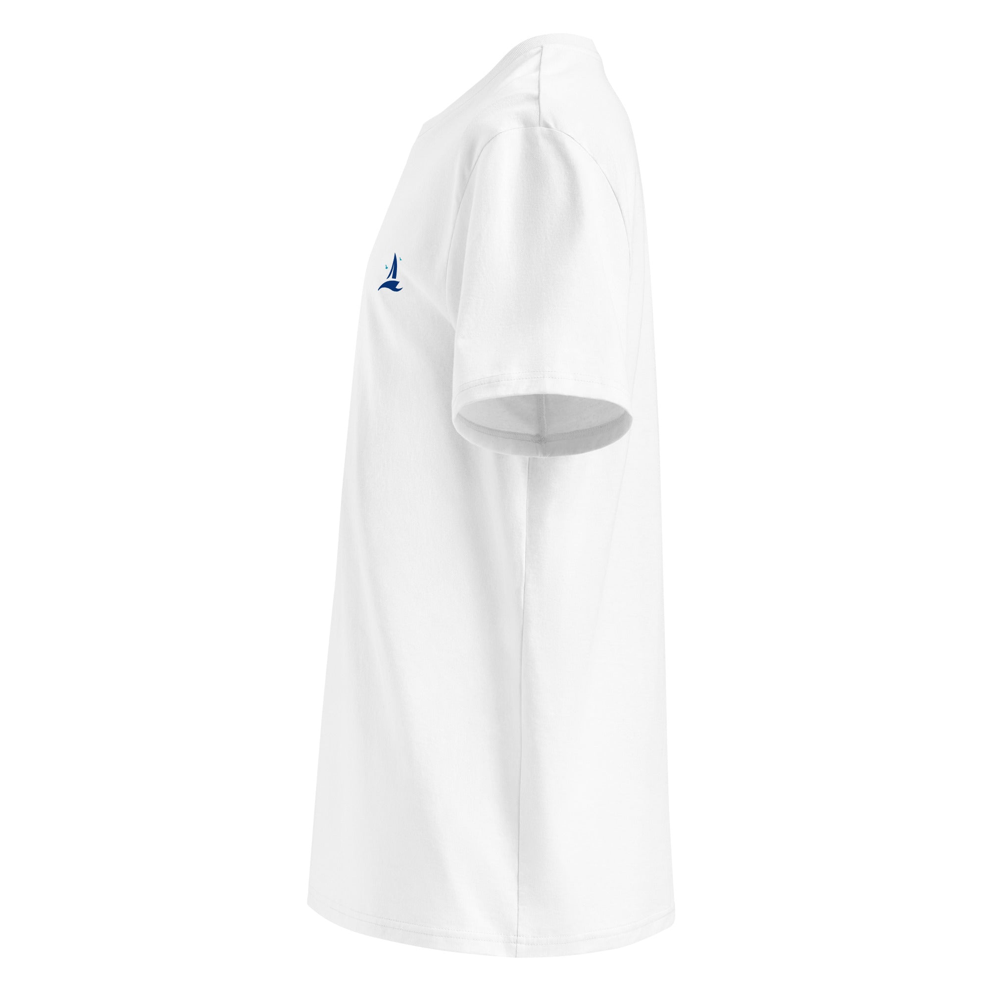 Segeln & Segelboot Unisex T-Shirt, Weiß, Seitenansicht, inspiriert von der Segel Schule, Schondorf am Ammersee & Herrsching