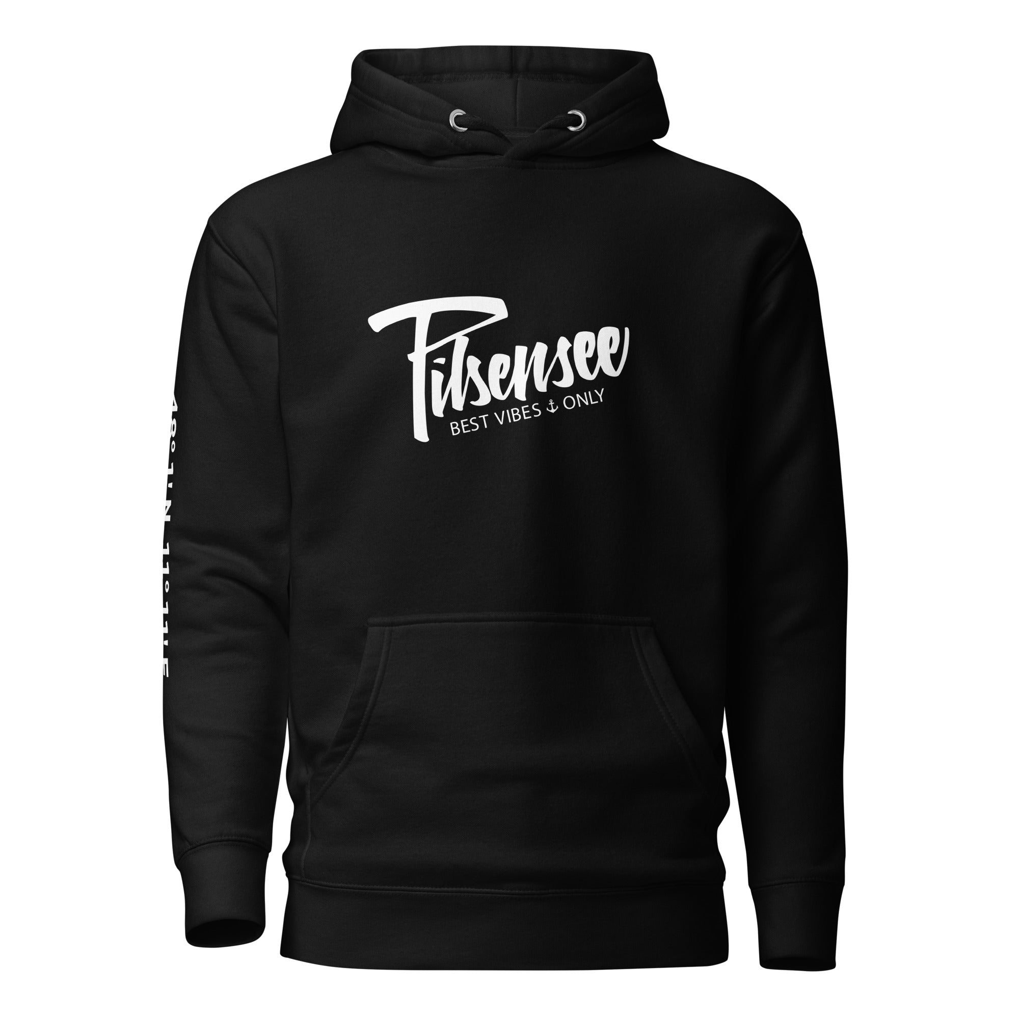 Pilsensee Unisex Hoodie – Best Vibes Only, dieser kuschelige Kapuzenpullover ist inspiriert vom Lebensgefühl am Pilsensee.