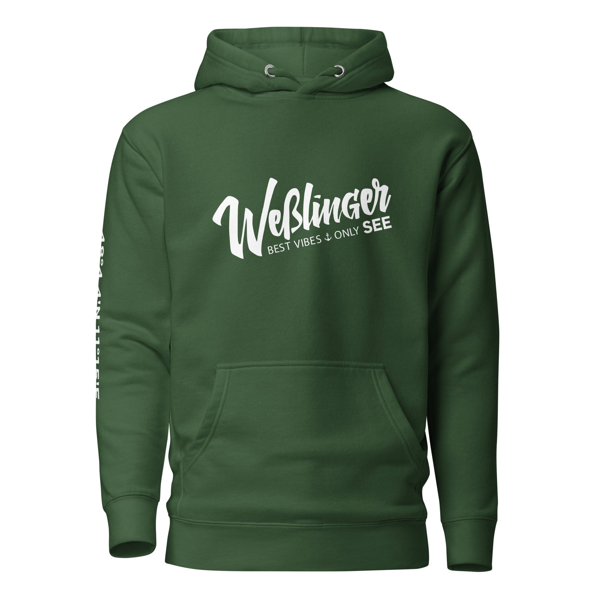 Wesslinger See Hoodie Unisex– Best Vibes Only, inspiriert vom Lebensgefühl am Weßlinger See und Weßling im Fünfseenland.