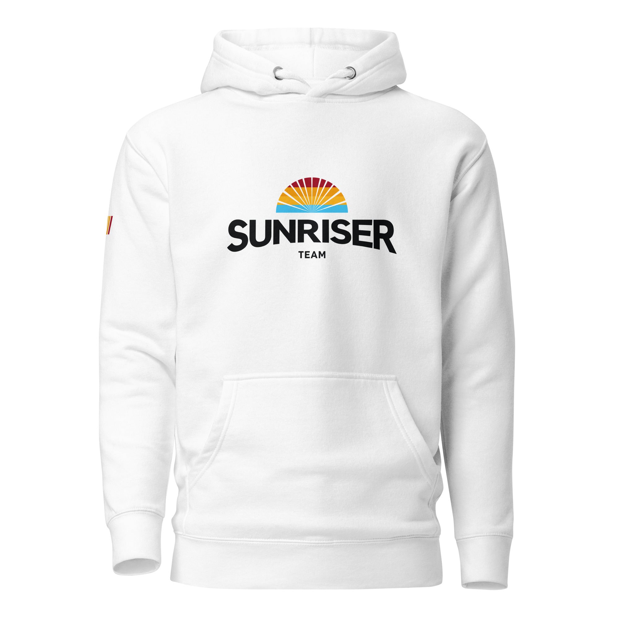 Sunriser Hoodie Unisex Weiß – nachhaltige Streetwear inspiriert vom Sonnenaufgang am Ammersee & Starnberger See in Bayern