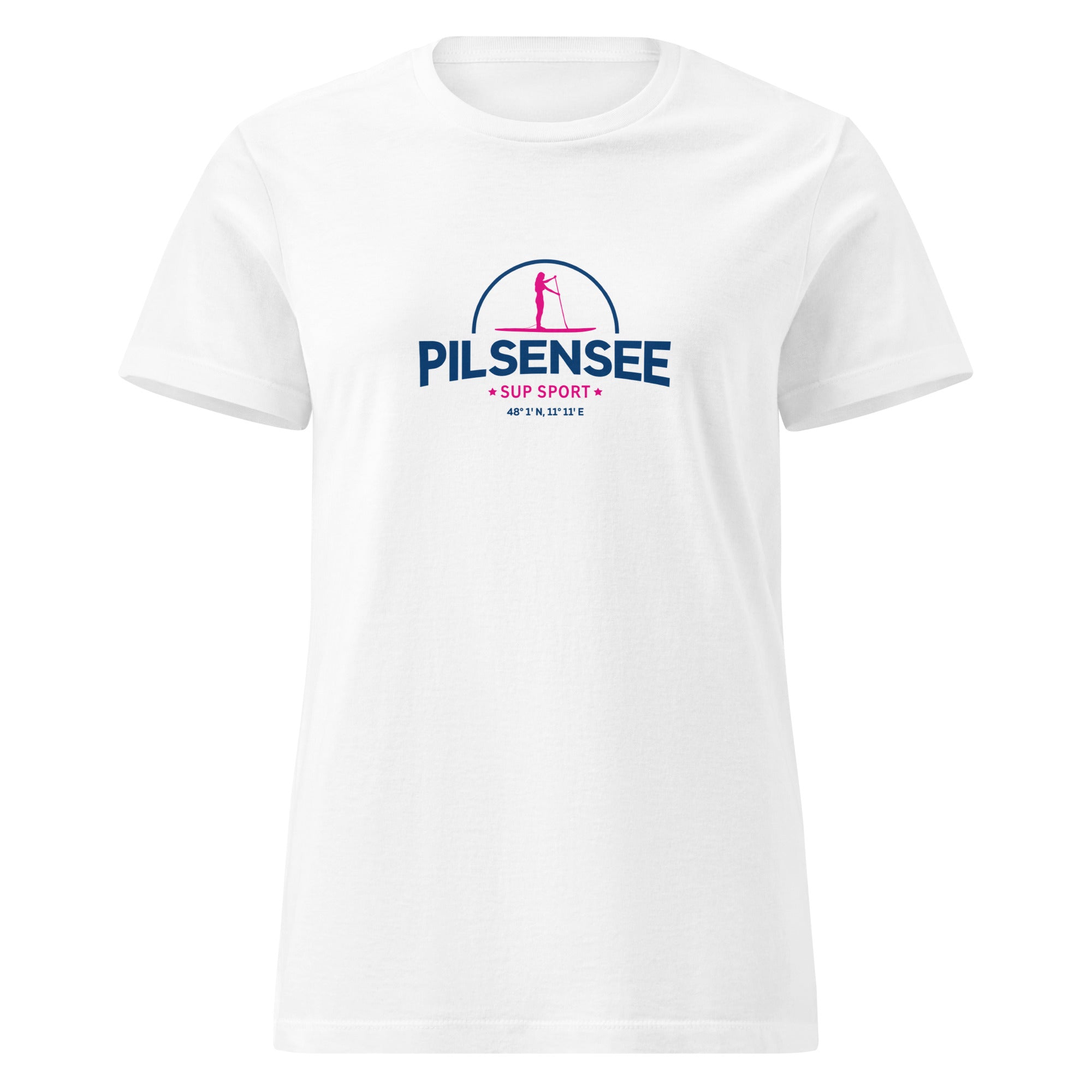 SUP Pilsensee Damen T-Shirt, weiß, Vorderseite, inspiriert vom Stand-Up-Paddle Boarden am Pilsensee im Fünfseenland